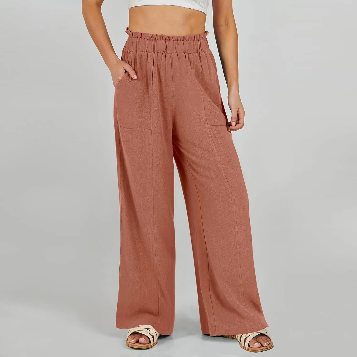 Wide Leg Dress Pants for Women Elastic Waist Loose Fit Work Pants Casual High Waisted Dressy Trousers with Pockets