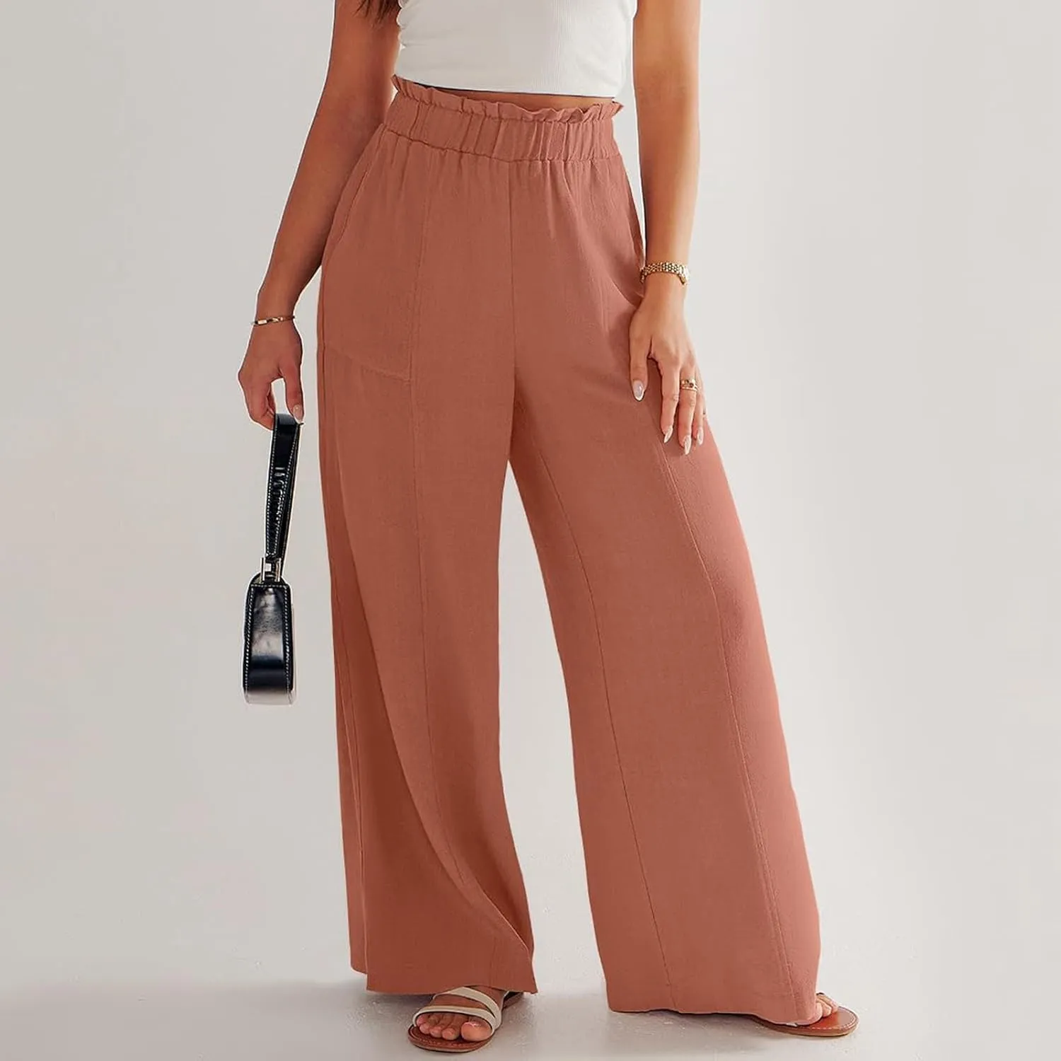 Wide Leg Dress Pants for Women Elastic Waist Loose Fit Work Pants Casual High Waisted Dressy Trousers with Pockets
