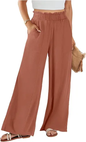 Wide Leg Dress Pants for Women Elastic Waist Loose Fit Work Pants Casual High Waisted Dressy Trousers with Pockets