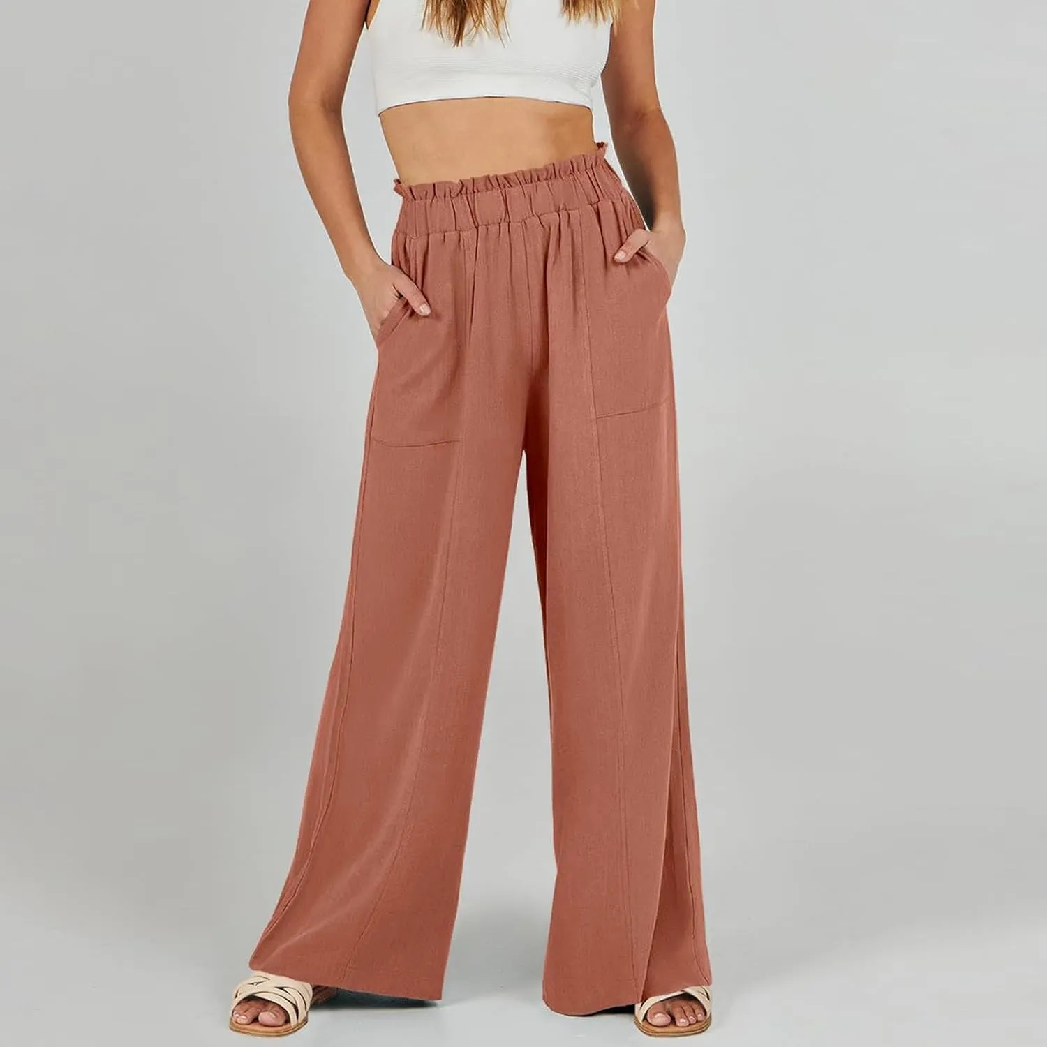 Wide Leg Dress Pants for Women Elastic Waist Loose Fit Work Pants Casual High Waisted Dressy Trousers with Pockets