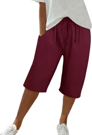 Wide Leg Linen Pants for Women, Cotton Linen Dress Women, Pantalones De Lino para Mujer, Lightweight Capri Elastic Waist Trousers Casual Summer Beach Lounge Trousers Wine Large