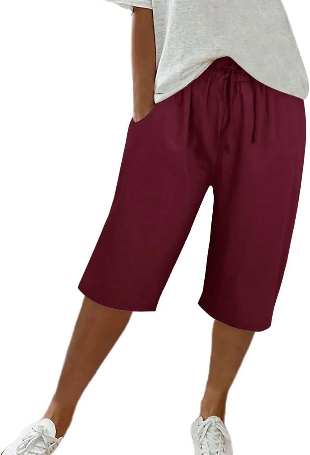 Wide Leg Linen Pants for Women, Cotton Linen Dress Women, Pantalones De Lino para Mujer, Lightweight Capri Elastic Waist Trousers Casual Summer Beach Lounge Trousers Wine Large