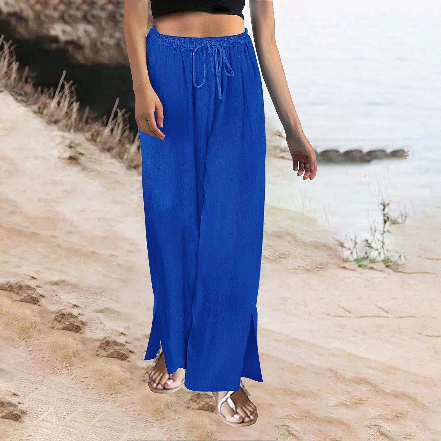 Wide Leg Palazzo Pants for Women High Waisted Adjustable Tie Knot Flowy Trousers Casual Loose Fit Lounge Pants