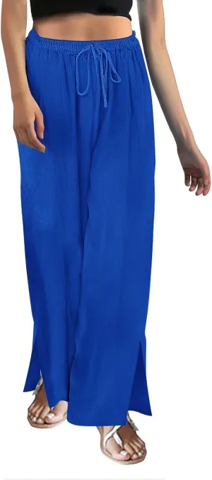 Wide Leg Palazzo Pants for Women High Waisted Adjustable Tie Knot Flowy Trousers Casual Loose Fit Lounge Pants