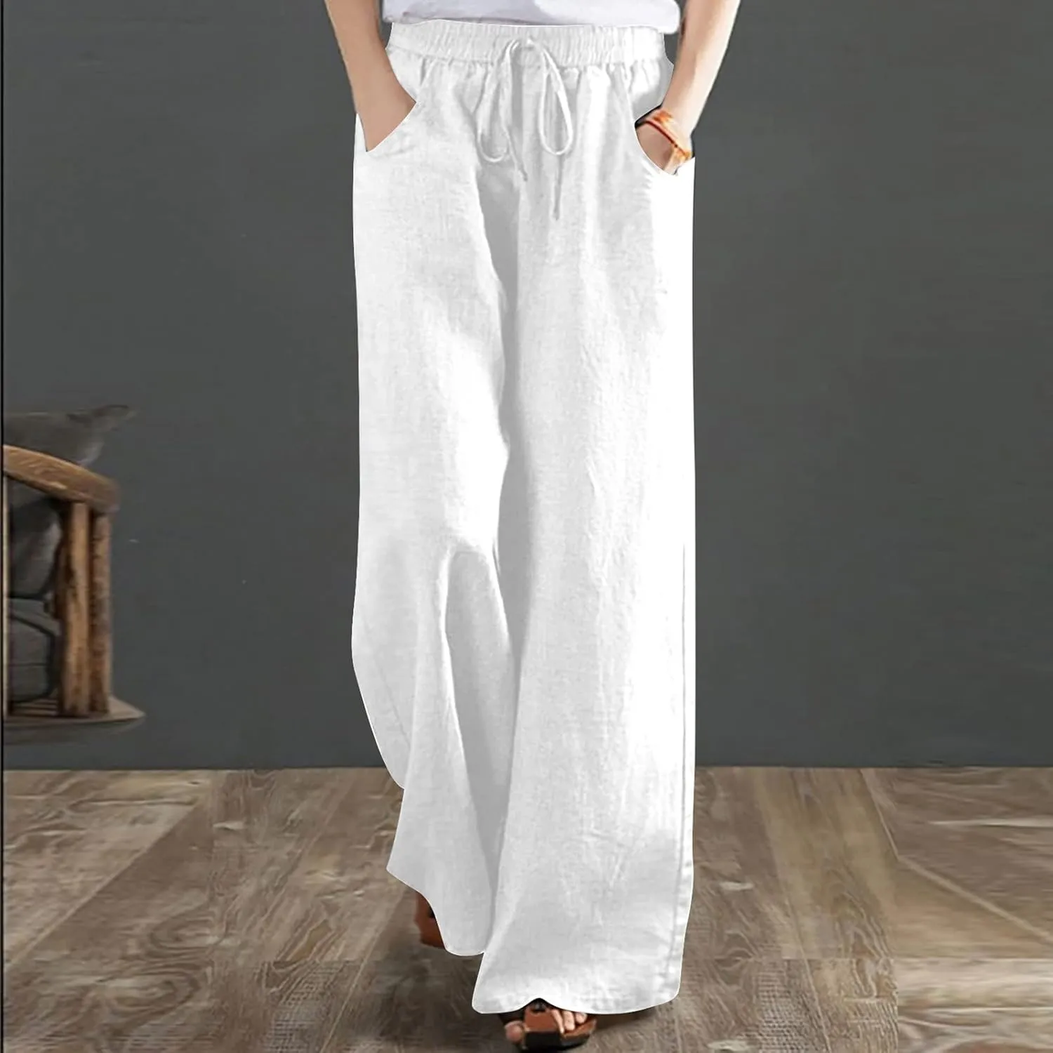 Wide Leg Pants for Women High Waist Elastic Drawstring Belt Pockets Straight Leg Trousers Solid Cotton Linen Pants