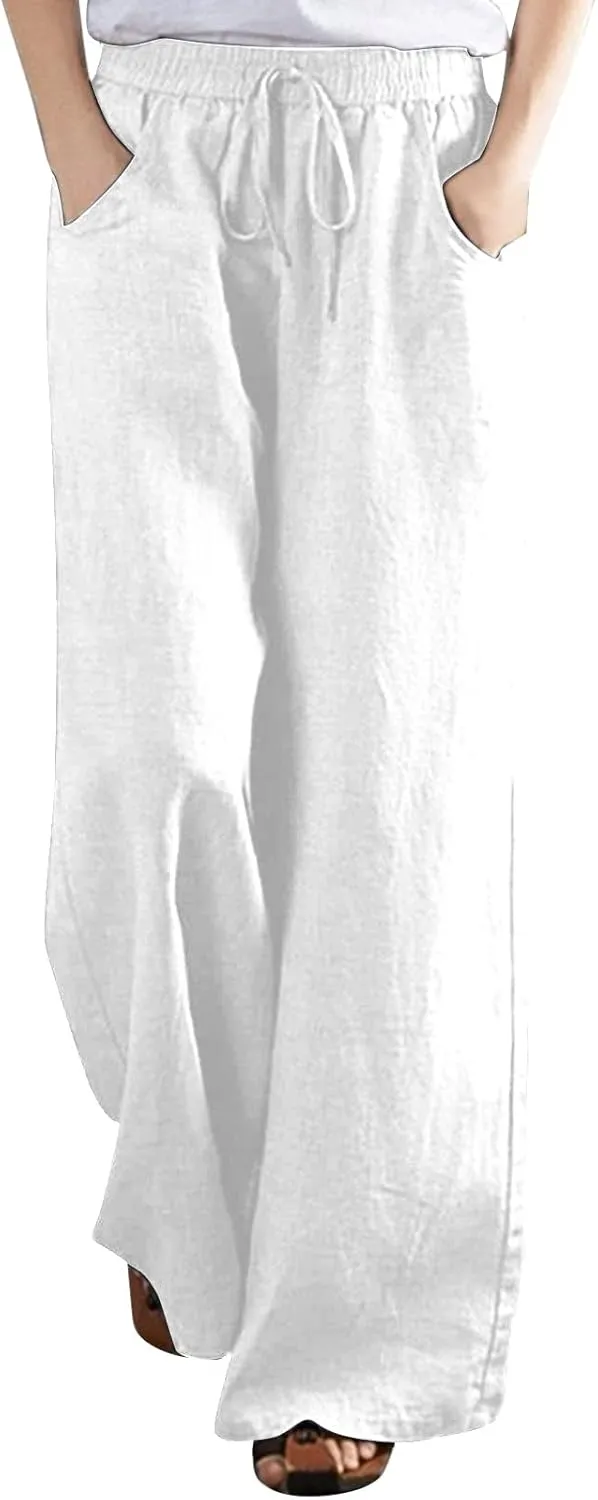 Wide Leg Pants for Women High Waist Elastic Drawstring Belt Pockets Straight Leg Trousers Solid Cotton Linen Pants