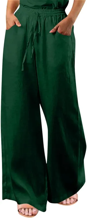 Wide Leg Pants for Women High Waist Elastic Drawstring Belt Pockets Straight Leg Trousers Solid Cotton Linen Pants