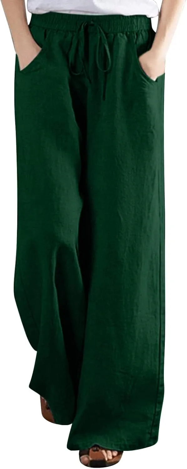 Wide Leg Pants for Women High Waist Elastic Drawstring Belt Pockets Straight Leg Trousers Solid Cotton Linen Pants