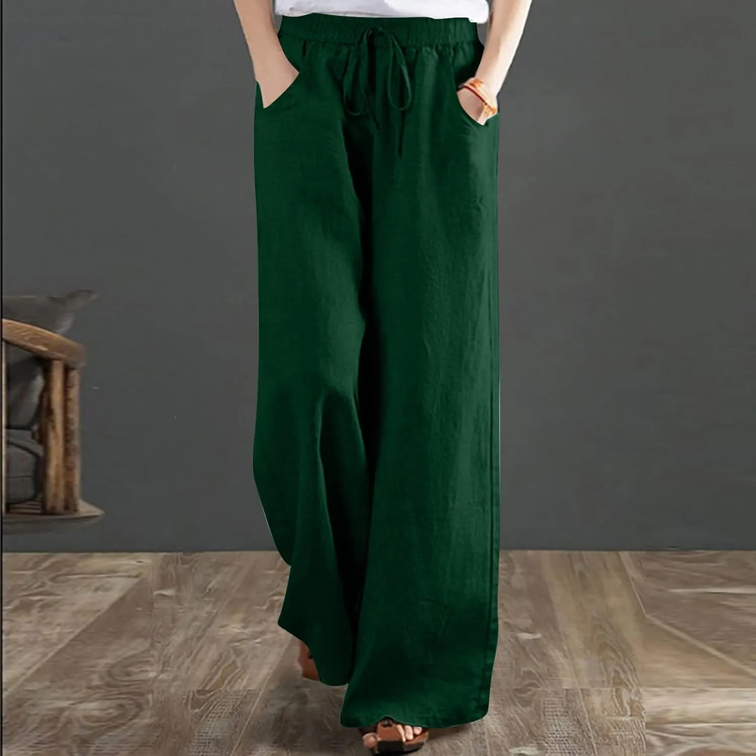 Wide Leg Pants for Women High Waist Elastic Drawstring Belt Pockets Straight Leg Trousers Solid Cotton Linen Pants