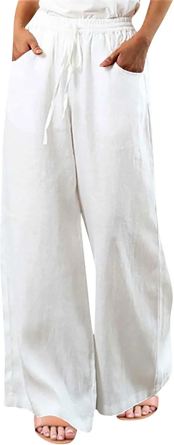 Wide Leg Pants for Women High Waist Elastic Drawstring Belt Pockets Straight Leg Trousers Solid Cotton Linen Pants