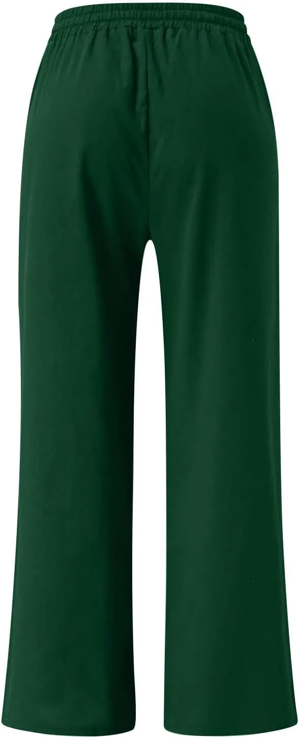 Wide Leg Pants for Women High Waist Elastic Drawstring Belt Pockets Straight Leg Trousers Solid Cotton Linen Pants