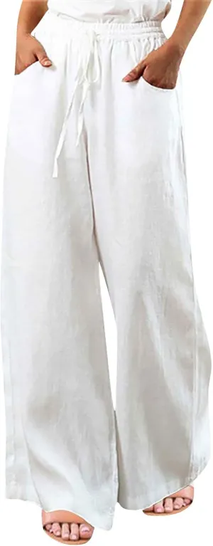 Wide Leg Pants for Women High Waist Elastic Drawstring Belt Pockets Straight Leg Trousers Solid Cotton Linen Pants