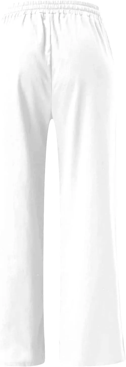 Wide Leg Pants for Women High Waist Elastic Drawstring Belt Pockets Straight Leg Trousers Solid Cotton Linen Pants