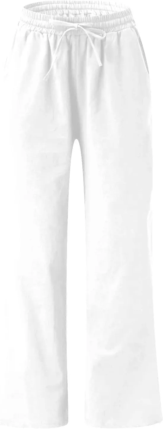 Wide Leg Pants for Women High Waist Elastic Drawstring Belt Pockets Straight Leg Trousers Solid Cotton Linen Pants
