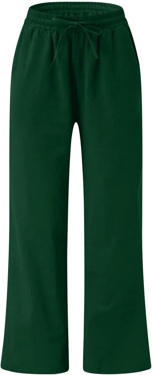 Wide Leg Pants for Women High Waist Elastic Drawstring Belt Pockets Straight Leg Trousers Solid Cotton Linen Pants