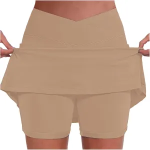 Women Athletic Tennis Skorts with Pockets 2 in 1 Golf Skirt Crossover High Waisted Sports Skorts Built-in Shorts