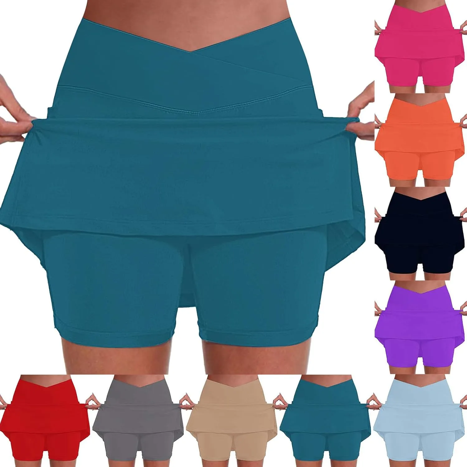 Women Athletic Tennis Skorts with Pockets 2 in 1 Golf Skirt Crossover High Waisted Sports Skorts Built-in Shorts