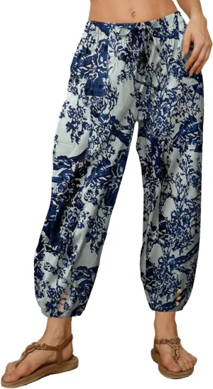 Women Capri Pants Casual Drawstring Elastic High Waist Baggy Wide Leg Cropped Pants Trousers for Ladies Summer