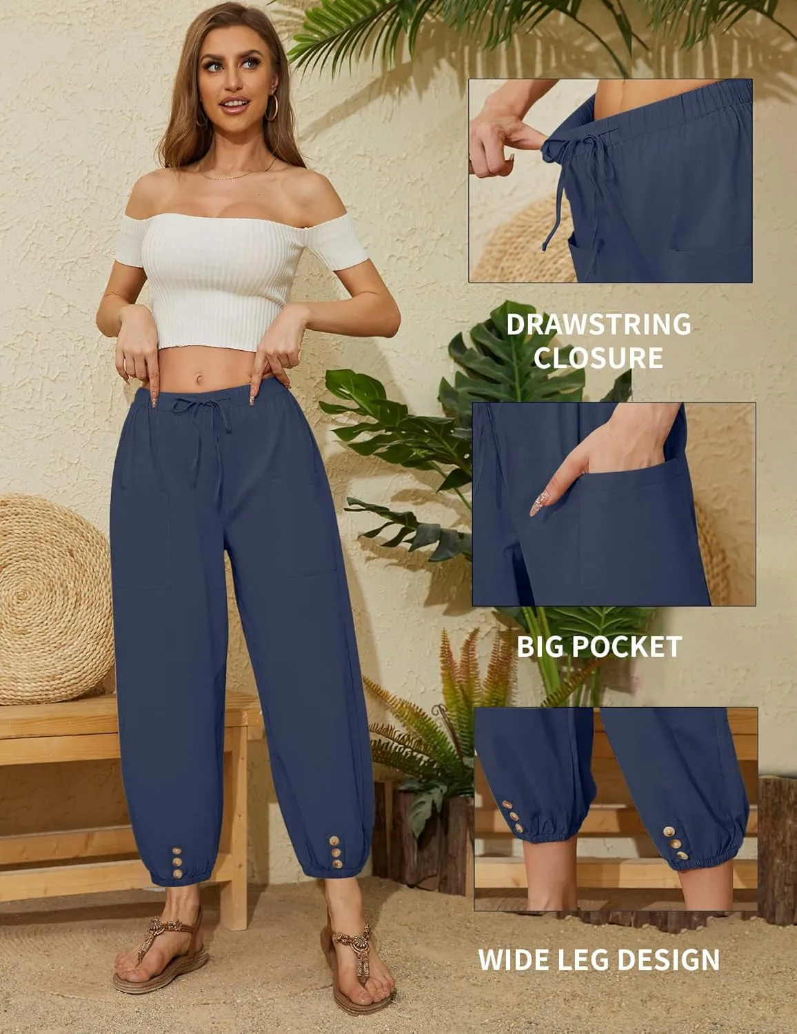 Women Capri Pants Casual Drawstring Elastic High Waist Baggy Wide Leg Cropped Pants Trousers for Ladies Summer