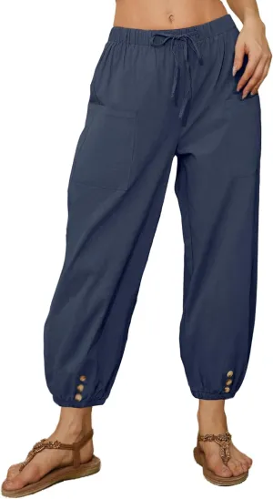 Women Capri Pants Casual Drawstring Elastic High Waist Baggy Wide Leg Cropped Pants Trousers for Ladies Summer