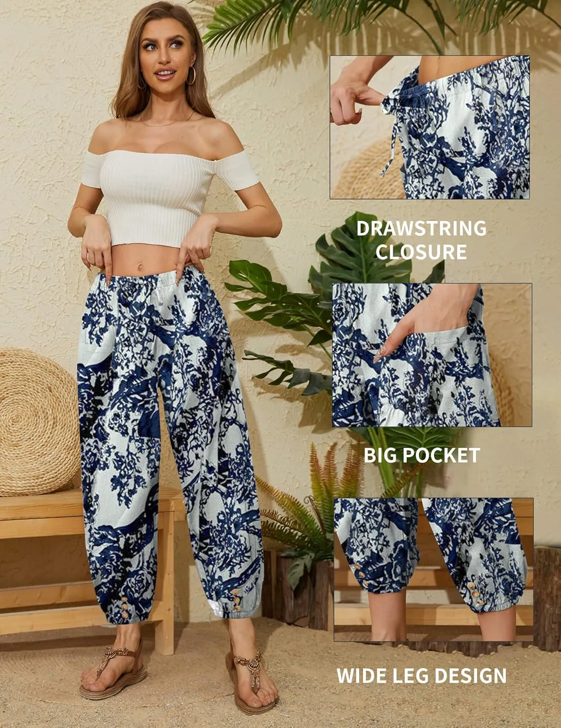 Women Capri Pants Casual Drawstring Elastic High Waist Baggy Wide Leg Cropped Pants Trousers for Ladies Summer