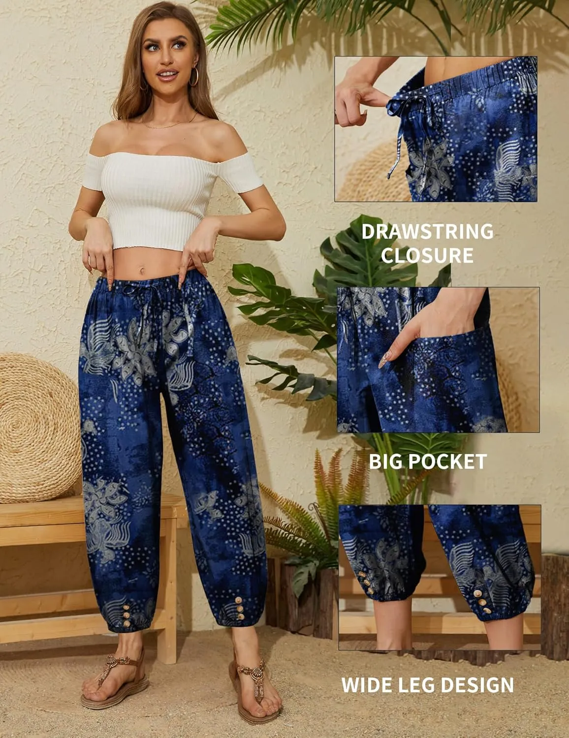 Women Capri Pants Casual Drawstring Elastic High Waist Baggy Wide Leg Cropped Pants Trousers for Ladies Summer