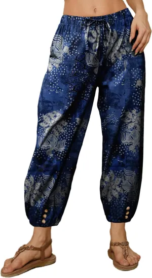 Women Capri Pants Casual Drawstring Elastic High Waist Baggy Wide Leg Cropped Pants Trousers for Ladies Summer