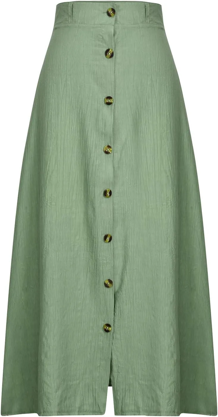 Women Casual Beach Skirts Front Button Flowy Boho Summer Skirt Lightweight High Waist A Line Maxi Skirt Half Dress