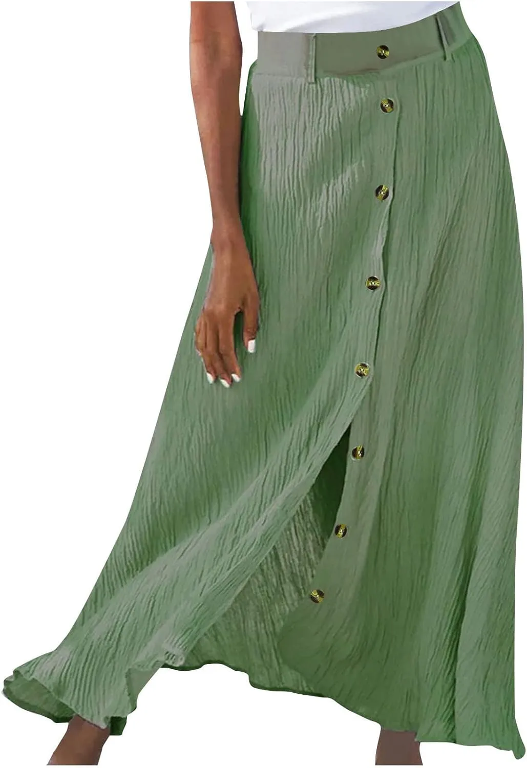 Women Casual Beach Skirts Front Button Flowy Boho Summer Skirt Lightweight High Waist A Line Maxi Skirt Half Dress