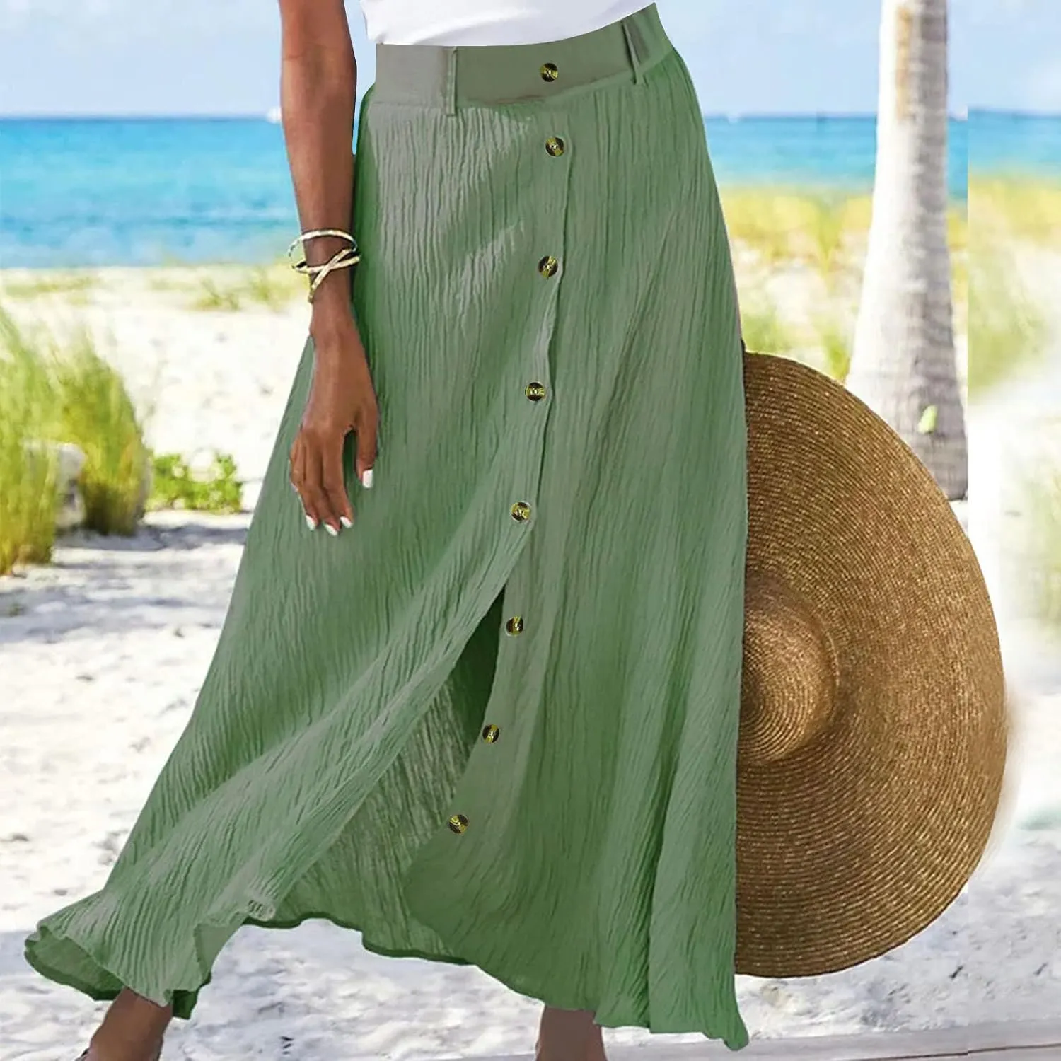 Women Casual Beach Skirts Front Button Flowy Boho Summer Skirt Lightweight High Waist A Line Maxi Skirt Half Dress