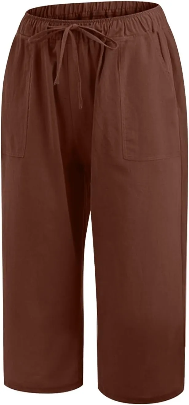 Women Cotton Linen Summer Boho Pants High Waist Ankle Length Plus Size Trouser Travel