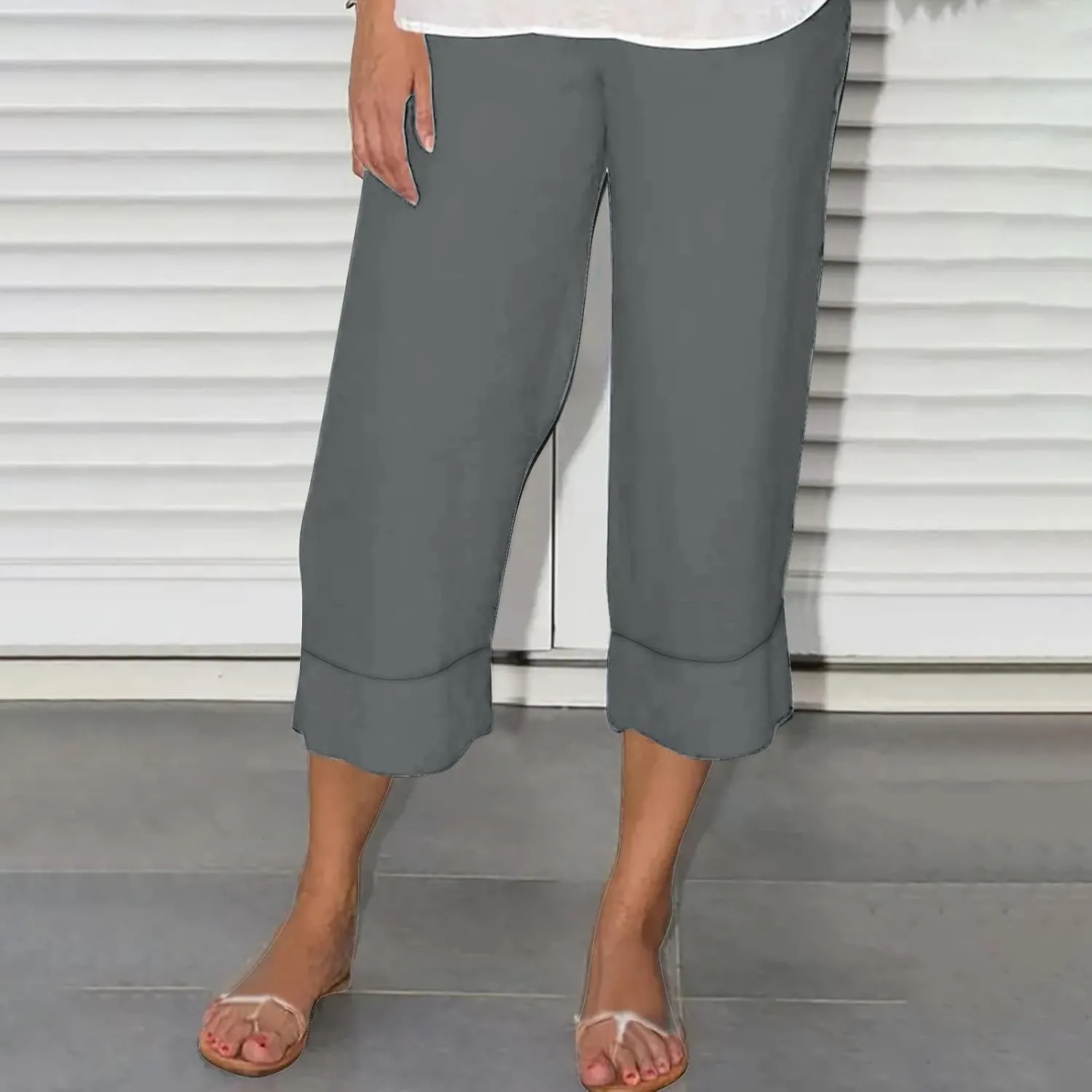 Women Cotton Linen Summer Casual Flowy Pants Elastic Waisted Bootcut Slim Fit Pant Trousers Travel