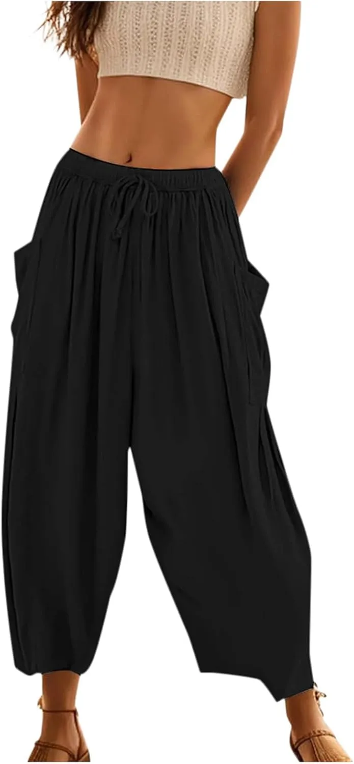 Women Cotton Linen Summer Comfy Pant Trousers Elastic Waist Baggy Stretchy Slim Fit Palazzo Lounge Pants Trendy