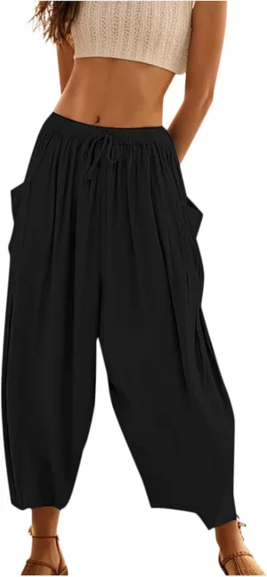 Women Cotton Linen Summer Comfy Pant Trousers Elastic Waist Baggy Stretchy Slim Fit Palazzo Lounge Pants Trendy