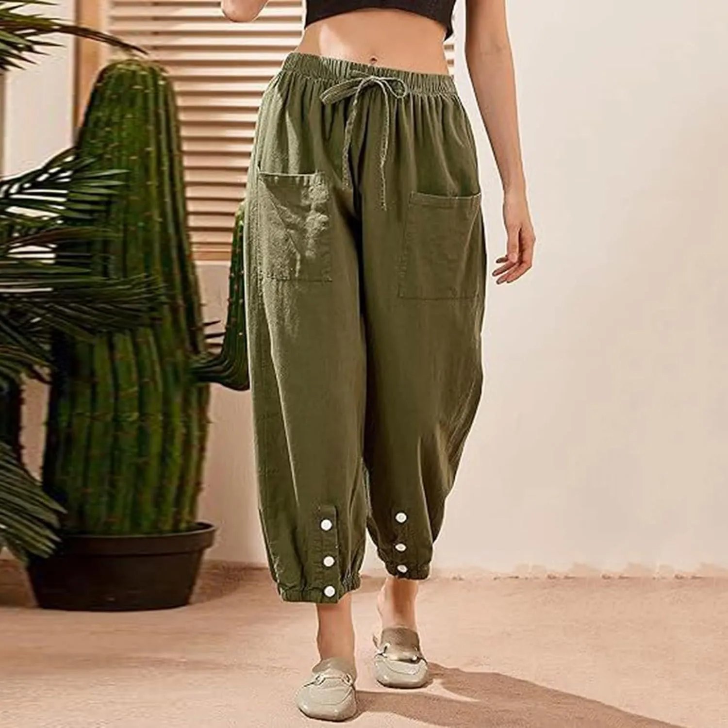 Women Cotton Linen Summer Letter Patched Palazzo Lounge Pants Elastic Waist Straight Loose Fit Palazzo Lounge
