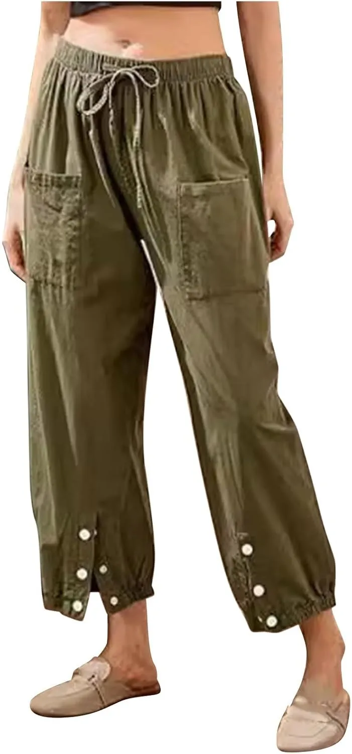Women Cotton Linen Summer Letter Patched Palazzo Lounge Pants Elastic Waist Straight Loose Fit Palazzo Lounge