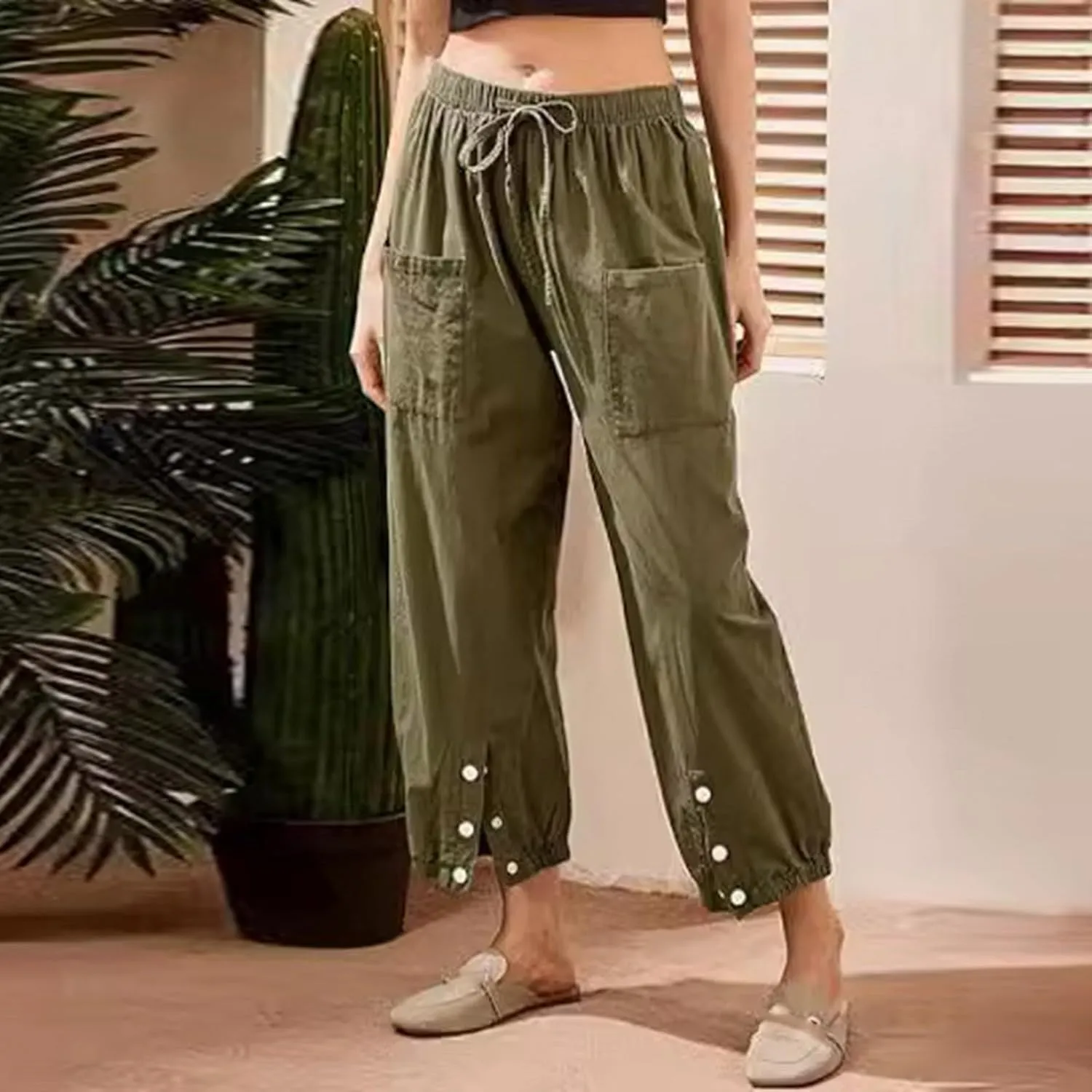 Women Cotton Linen Summer Letter Patched Palazzo Lounge Pants Elastic Waist Straight Loose Fit Palazzo Lounge