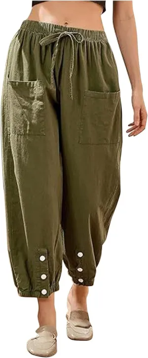 Women Cotton Linen Summer Letter Patched Palazzo Lounge Pants Elastic Waist Straight Loose Fit Palazzo Lounge