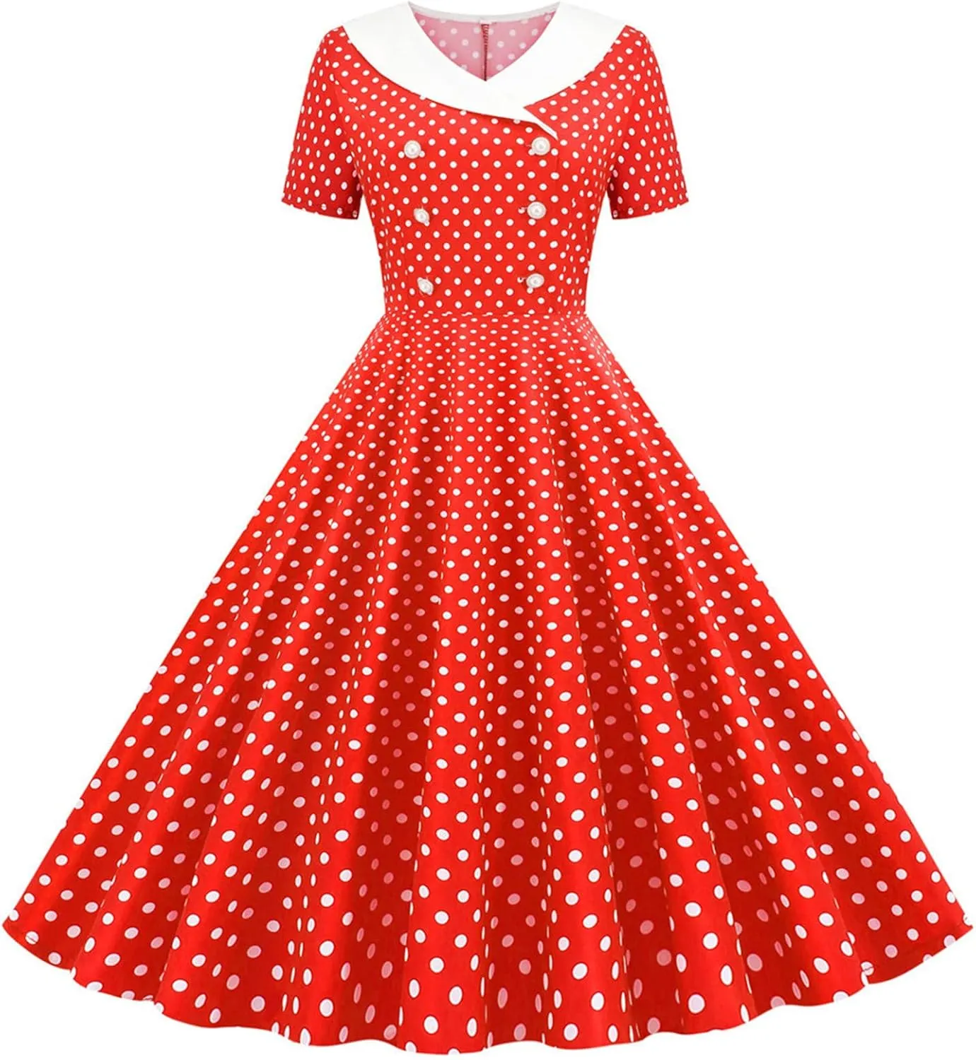 Women Double Breasted Notch Lapel 50s Vintage Short Sleeve Cocktail Swing Dress Polka Dot 1950s Prom Midi Dress