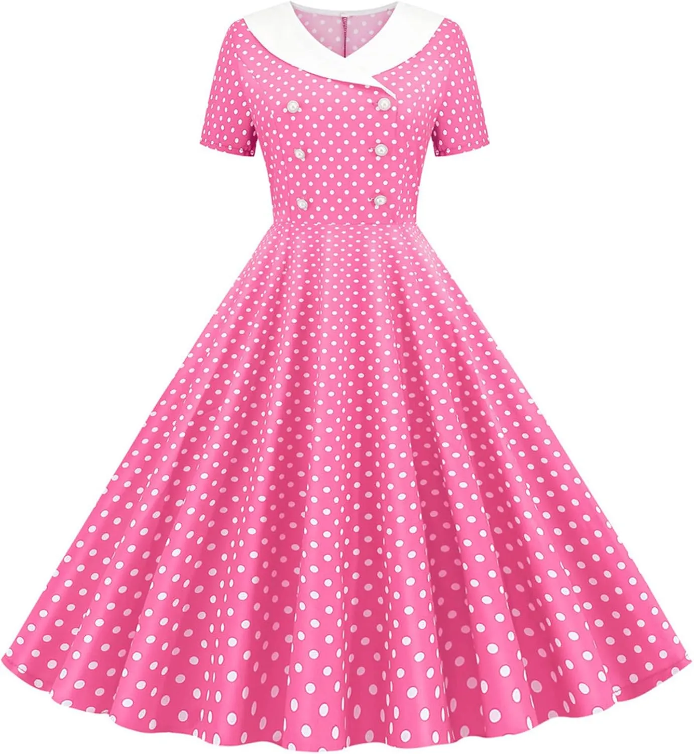 Women Double Breasted Notch Lapel 50s Vintage Short Sleeve Cocktail Swing Dress Polka Dot 1950s Prom Midi Dress