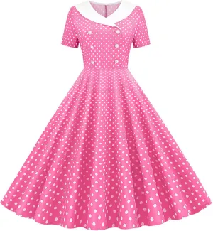 Women Double Breasted Notch Lapel 50s Vintage Short Sleeve Cocktail Swing Dress Polka Dot 1950s Prom Midi Dress