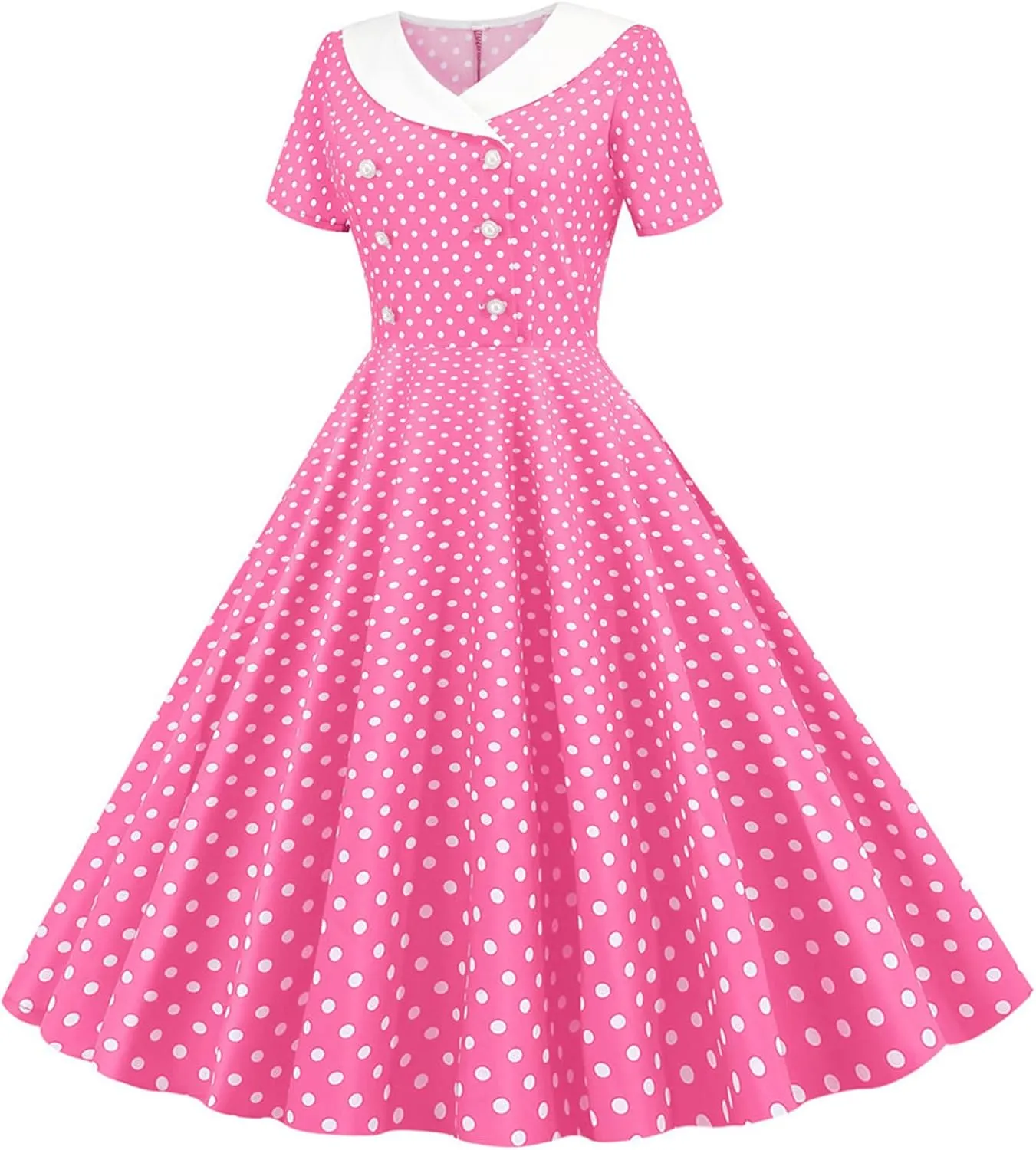 Women Double Breasted Notch Lapel 50s Vintage Short Sleeve Cocktail Swing Dress Polka Dot 1950s Prom Midi Dress
