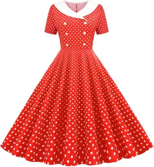 Women Double Breasted Notch Lapel 50s Vintage Short Sleeve Cocktail Swing Dress Polka Dot 1950s Prom Midi Dress