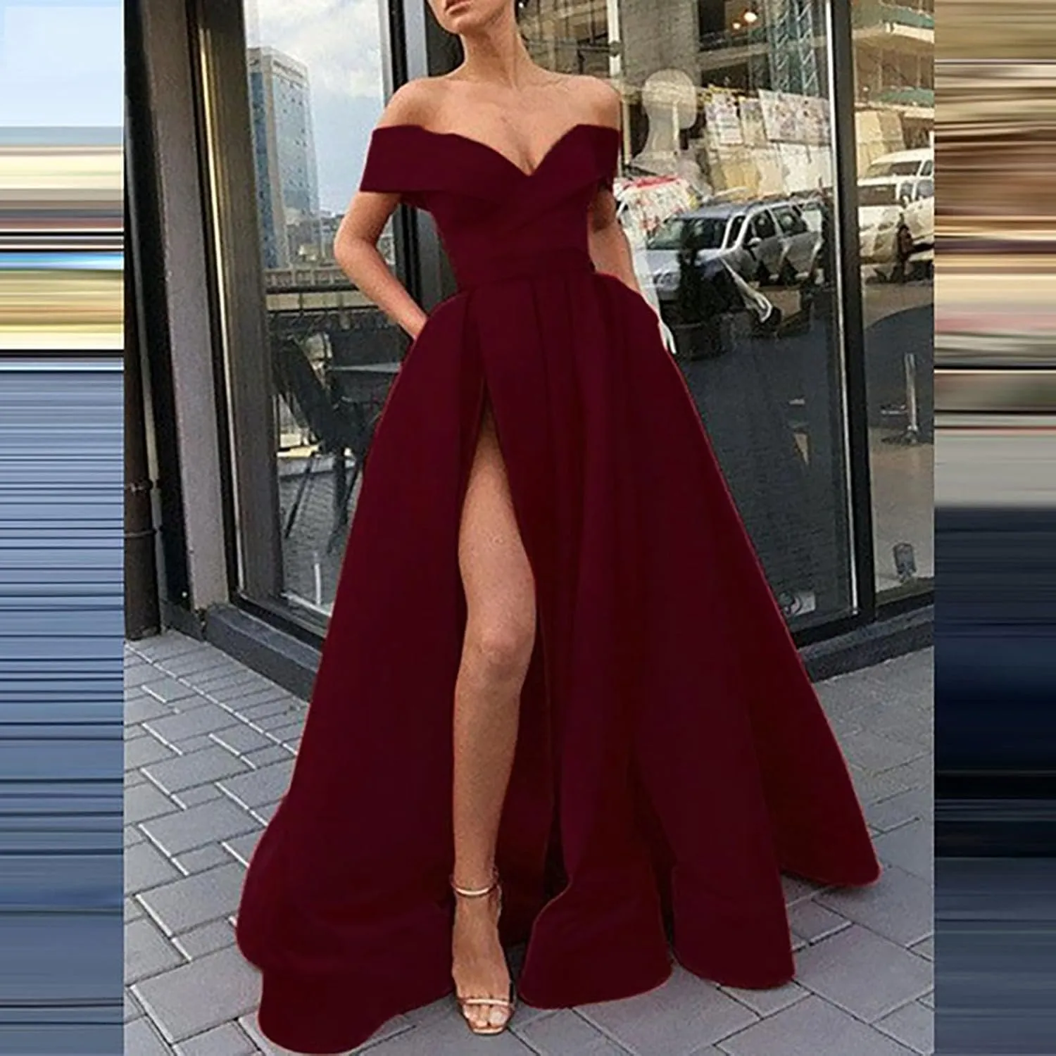 Women Floor Length Cocktail Chiffon Summer Dresses Temperament French Retro Low Cut V Neck Long Dress with High Slit