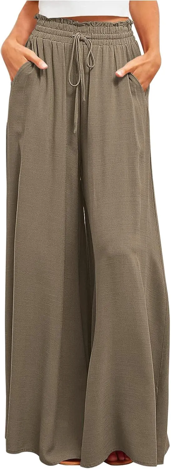 Women High Waist Wide Leg Palazzo Pants Dressy Casual Flowy Pants Loose 2024 Fall Long Lounge Trousers with Pockets