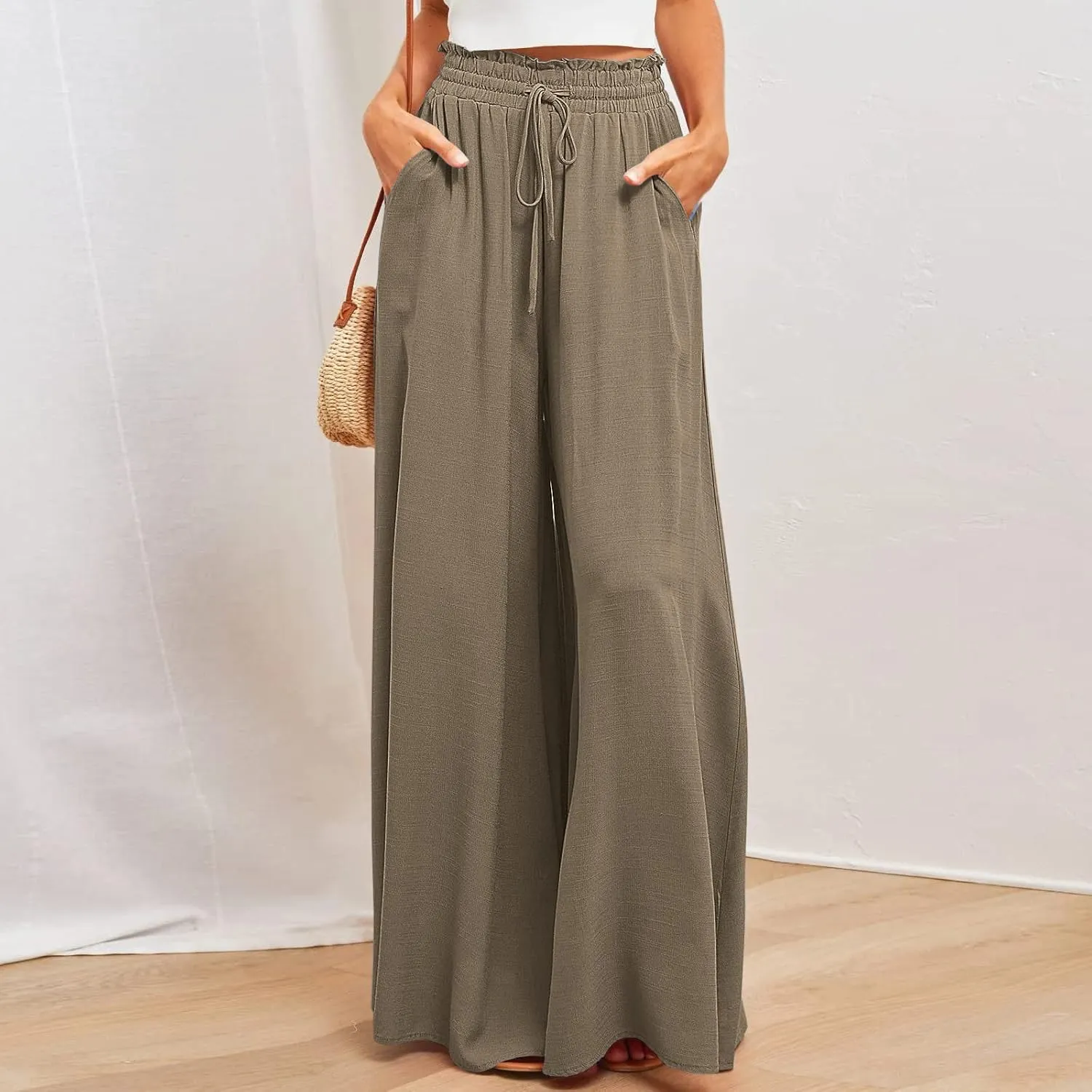 Women High Waist Wide Leg Palazzo Pants Dressy Casual Flowy Pants Loose 2024 Fall Long Lounge Trousers with Pockets