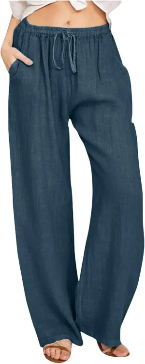 Women Linen Blend Summer Baggy Pants Low Waist Long Lounge Plus Size Pant Trousers Trendy