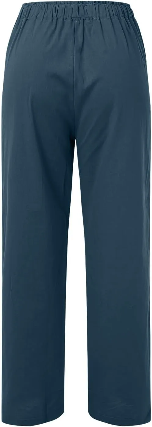 Women Linen Blend Summer Baggy Pants Low Waist Long Lounge Plus Size Pant Trousers Trendy