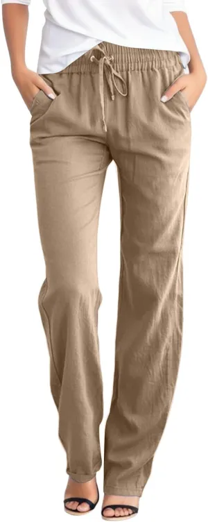 Women Linen Blend Summer Boho Palazzo Lounge Pants Elastic Waist Lounge Pants Slim-Fit Pants Work Business