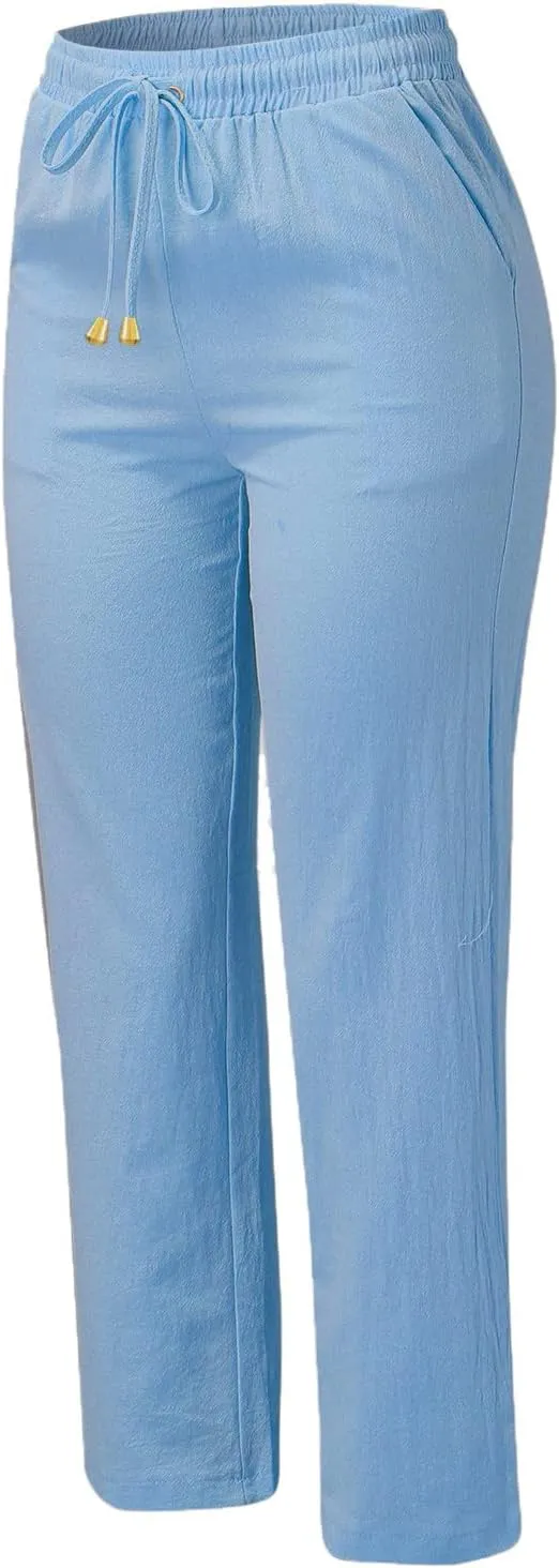 Women Linen Blend Summer Flowy Pant Trousers High Waist Long Lounge Slim Fit Pant Trousers Office